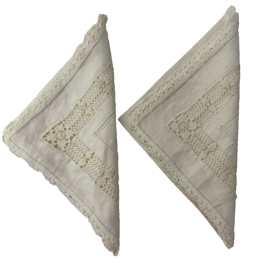 Vintage Ivory Linen Napkins Delicate Openwork Lace (2) CLEAN Condition 17" x 17"